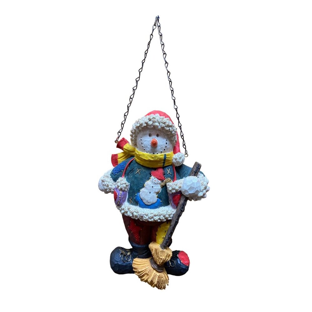Rustic Snowman Hanging Decor Folk Art Christmas Ornament Carved Style Holiday